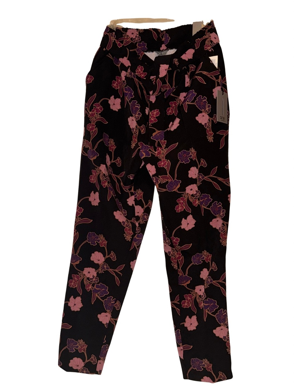 Floral Print Paperbag Waist Pants - Black with Pink & Purple Floral NWT